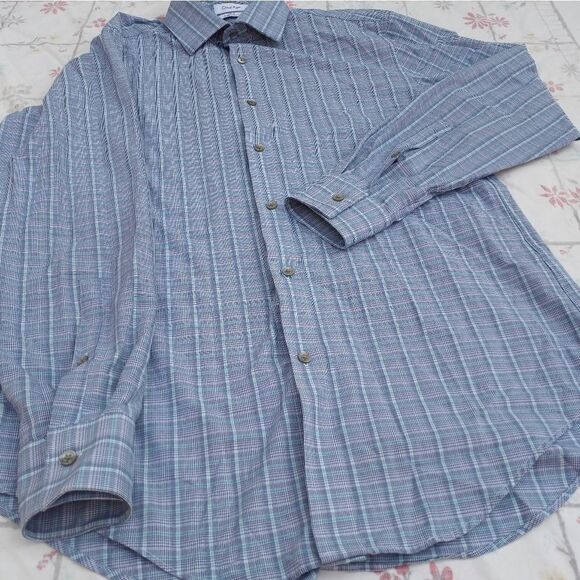 Calvin Klein Button Up Longsleeves Plaid Slim Fit 4-way Stretch Men's Shirt.15-1 - Picture 1 of 11